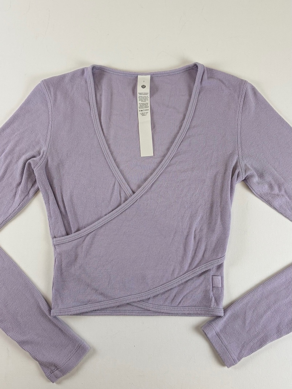 LULULEMON RIBBED WRAP CROP TOP LONG SLEEVE LAVENDER SIZE 2